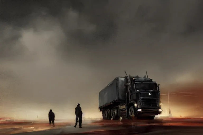 Image similar to epic concept art of an approaching truck and a man standing still. close - up man in foreground. backlight. strong contrast. by ashley wood and j. m. w. turner, speed painting, photo bash, cinematic angle, super detailing, strong perspective, traffic accident, haze over the shoulder shot