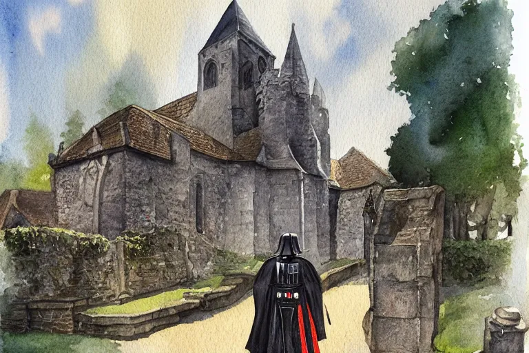 Prompt: a detailed watercolor painting of darth vader leaving a medieval church in a quaint english village, churchyard, trees, golden hour