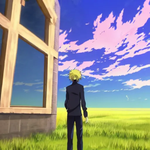 Prompt: high quality anime screenshot of an uncanny man standing in the middle of an open field