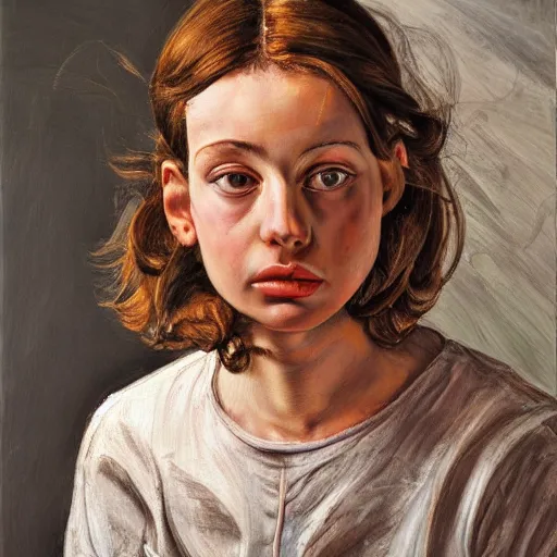 Image similar to high quality high detail painting by lucian freud, hd, godly girl portrait, photorealistic lighting