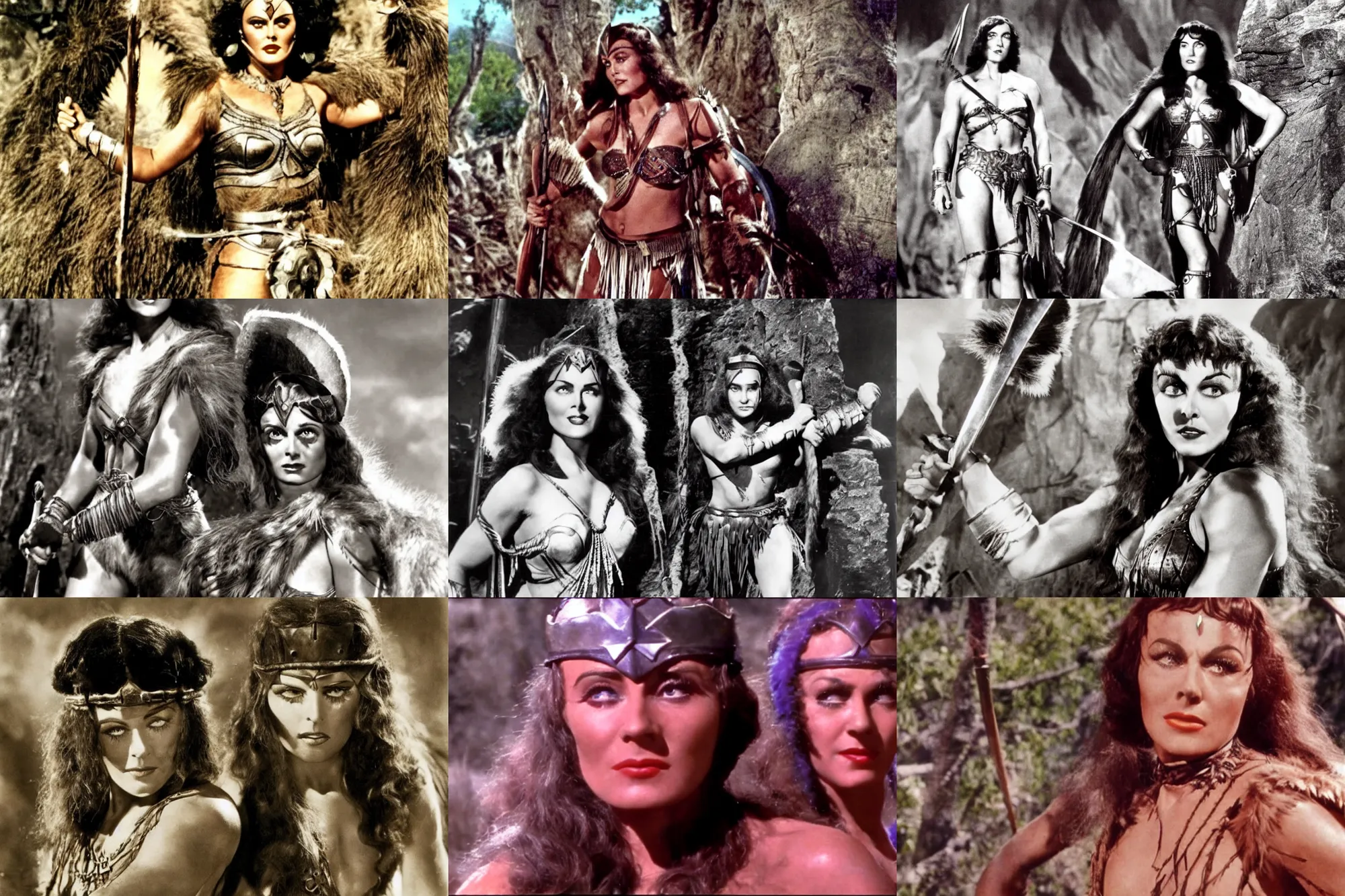 Prompt: Paulette Goddard as an Amazonian in Conan The Barbarian 1930 , film still, Technicolor