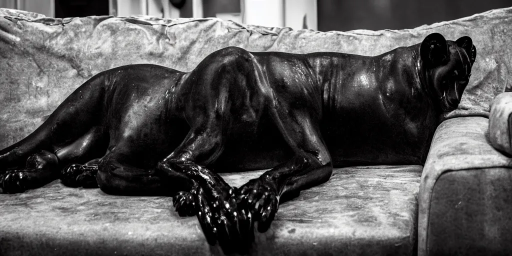 Prompt: the smooth black lioness, made of smooth black goo, laying on the couch in the living room after bathing in the ferrofluid, viscous, sticky, full of tar, covered with black goo. photography, dslr, reflections, black goo