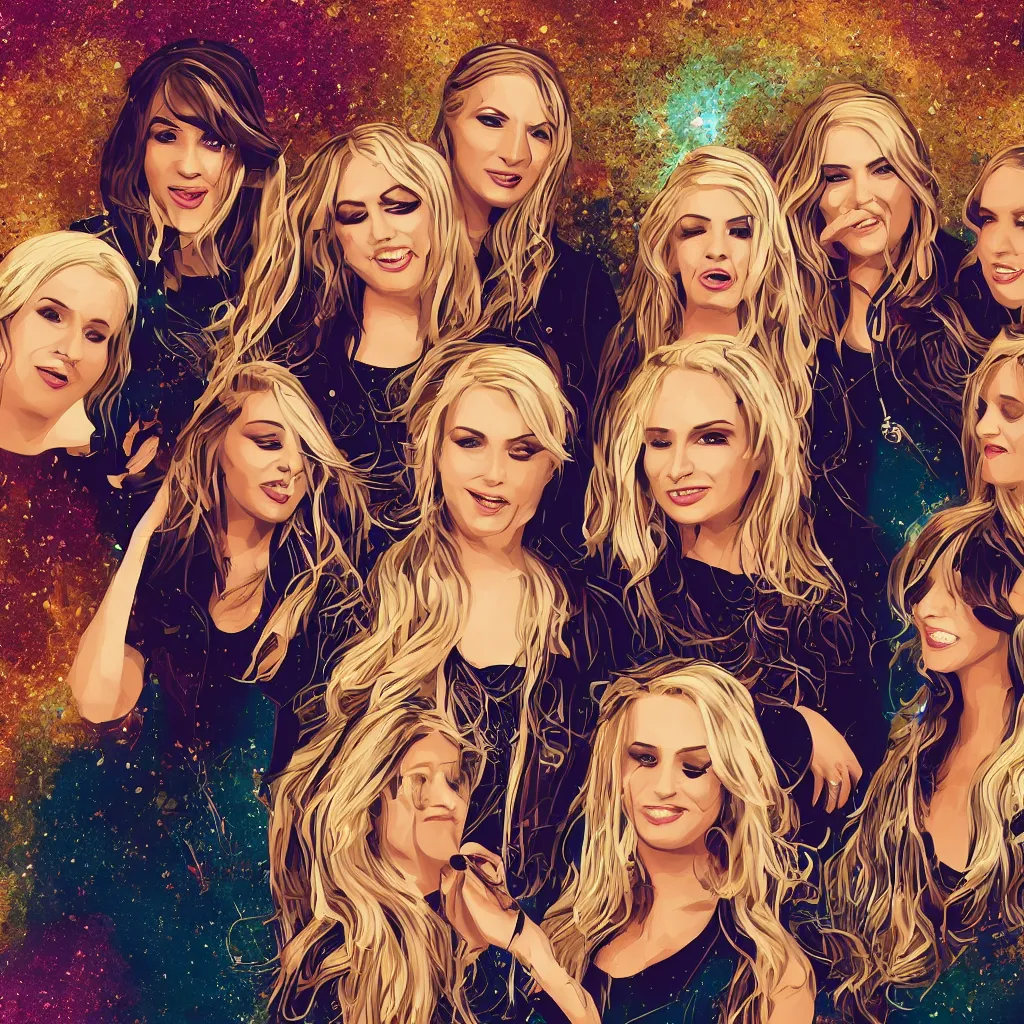 Image similar to illustration of a pop rock music group with two woman singers with blonde hair and one woman singer with brown hair, digital art, shiny soul, consciousness, 4 k