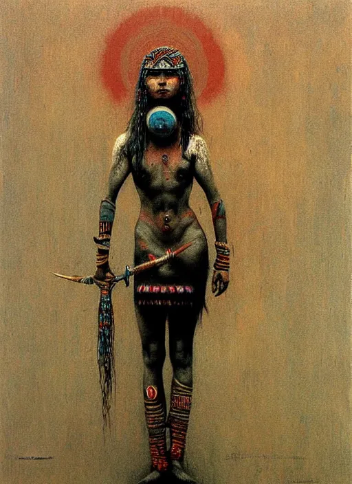 Prompt: warrior girl in tribal painting by Beksinski