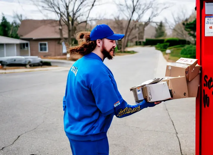 Image similar to dslr photo still of post malone as a postal worker mailman putting letters in mailbox and delivering packages to door, 8 k, 8 5 mm f 1 6