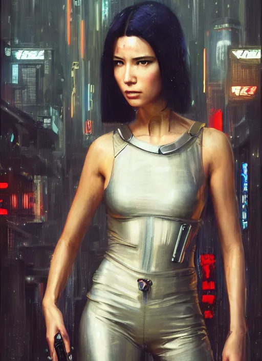 Image similar to Nikki Tanaka. Cyberpunk hitwoman in futuristic clothes (blade runner 2049, cyberpunk 2077). Orientalist portrait by john william waterhouse and James Gurney and Theodore Ralli and Nasreddine Dinet, oil on canvas. Cinematic, hyper realism, realistic proportions, dramatic lighting, high detail 4k