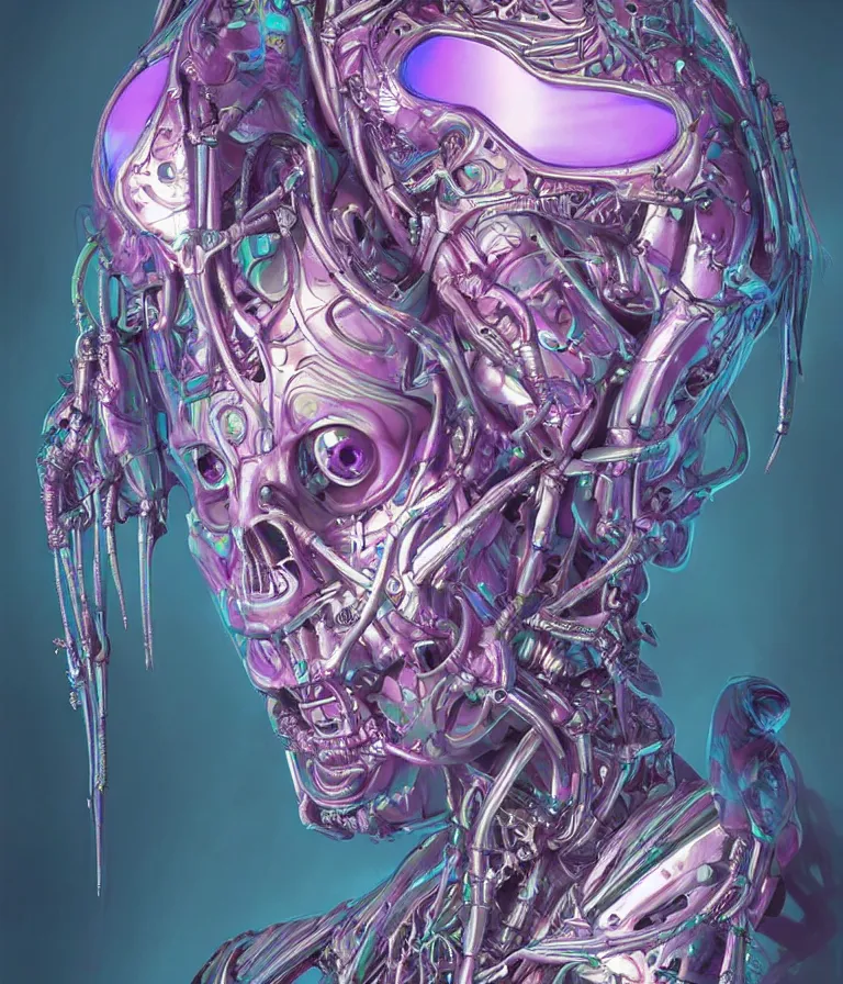 Image similar to fully symmetrical centered iridescent portrait of a beautiful princess demon in robe. skulls artificial muscles, ribcage, bones, hard surface modelling. cyberpunk look. biomechanical mask. bio luminescent biomechanical halo around head. neon jellyfish. artwork by jarold Sng by artgerm, by Eddie Mendoza, by Peter mohrbacher by tooth wu, unreal engine, octane render, cinematic light, high details, iridescent colors, dichroic, macro, depth of field, blur