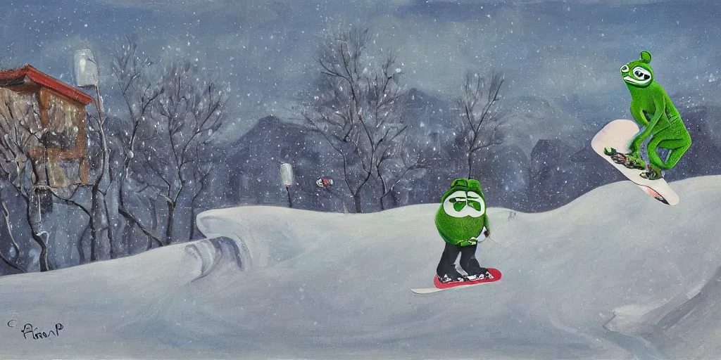 Image similar to sad pepe the frog snowboarding in terrain park, frustration, pain, anger, ramps, half - pipe, gloomy landscape, expressive oil painting by christopher radlund and camille pissaro