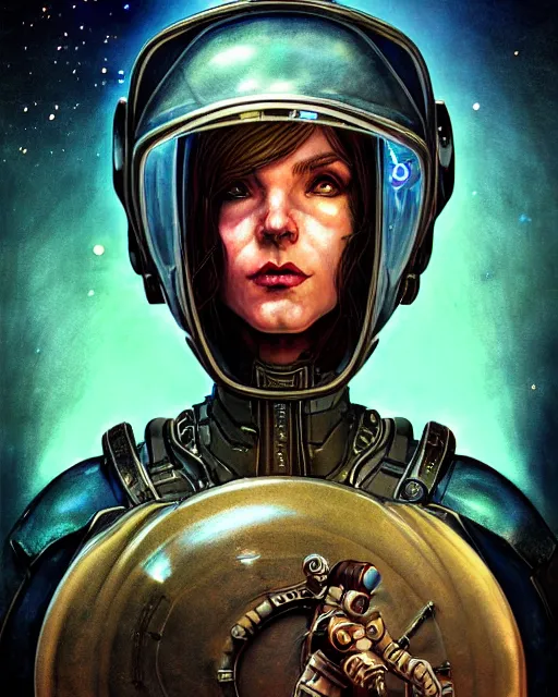 Image similar to a fed up cyber astro goddess like from skyrim and elden ring and grand theft auto and overwatch, character portrait, portrait, close up, concept art, intricate details, extremely detailed, realistic vintage sci - fi poster, in the style of chris foss, rodger dean, moebius, michael whelan, lumi, and gustave dore, bright deep color, wide angle,