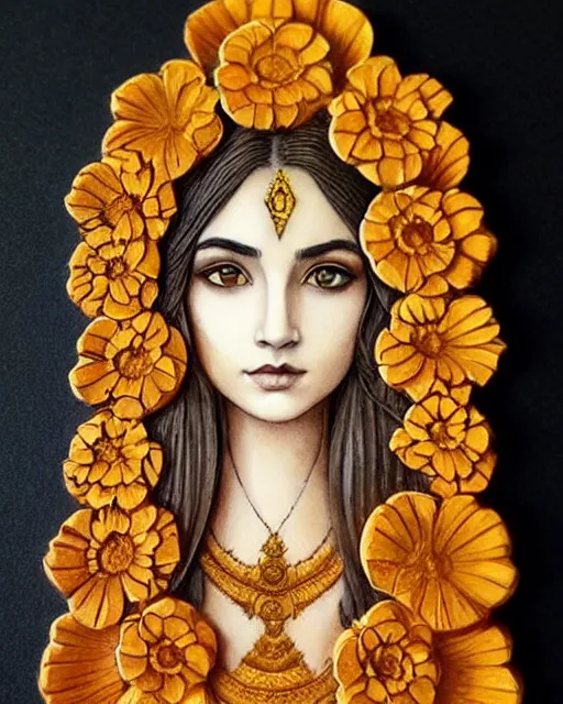 Prompt: beautiful marigold priestess portrait, carved ivory intricate gilding design, artgerm, watercolor, flowers