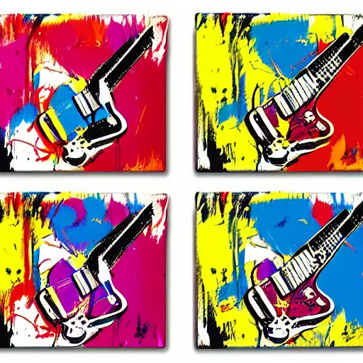 Prompt: colorful illustration of guitars cassete vinyl, splatters, by andy warhol and by zac retz