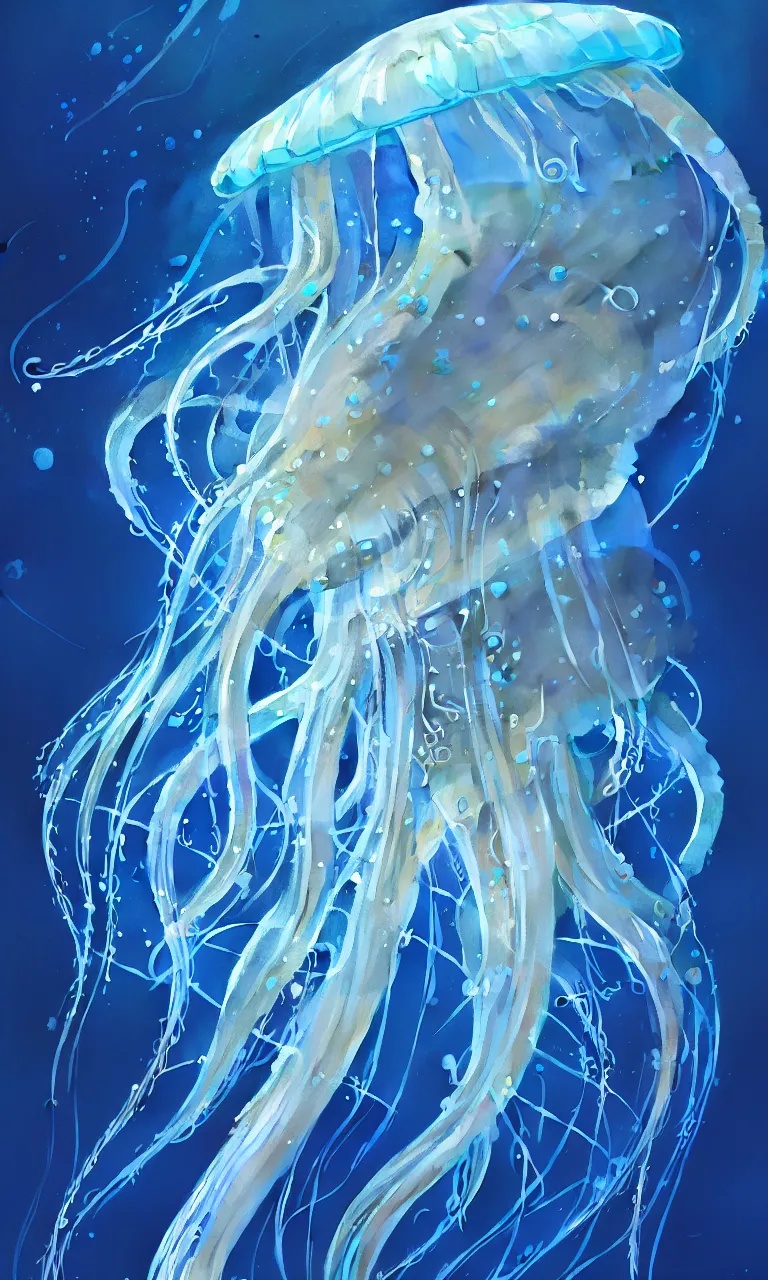 Prompt: detailed jellyfish, blue tones, underwater, full frame, highly detailed, digital painting, artstation, concept art, smooth, sharp focus, illustration, art greg rutkowski and alphonse mucha