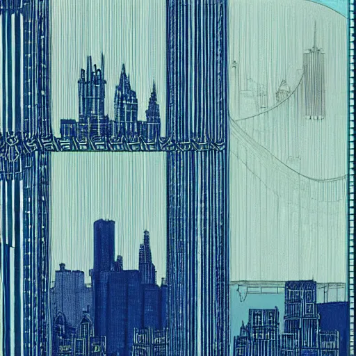 Prompt: A beautiful assemblage of a cityscape with tall spires and delicate bridges. lapis lazuli by David Chipperfield, by Bill Sienkiewicz composed