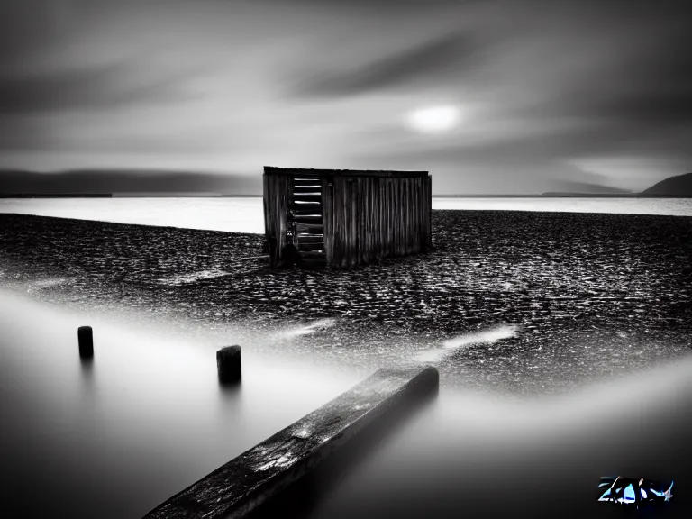 Prompt: a forgotten wharf on a cold sea by zacharias aagaard and magali villeneuve, hyperrealism, high contrast, low light, desaturated, grey mist, cobblestones, orange candle flames, volumetric lighting