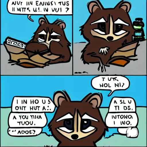 Prompt: a raccoon talks about his favorite things in a little speech bubble.