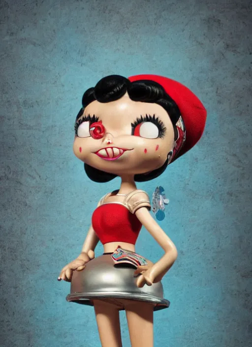 Image similar to closeup of a tin toy betty boop, depth of field, zeiss lens, detailed, symmetrical, centered, fashion photoshoot, by nicoletta ceccoli, mark ryden, lostfish, earl nore, hyung tae, frank frazetta, breathtaking, 8 k resolution, extremely detailed, beautiful, establishing shot, artistic, hyperrealistic, octane render