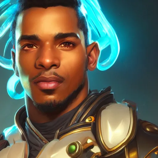 Image similar to closeup portrait of lucio from overwatch, d & d, fantasy, intricate, elegant, highly detailed, digital painting, artstation, concept art, matte, sharp focus, illustration, hearthstone, art by artgerm and greg rutkowski and alphonse mucha