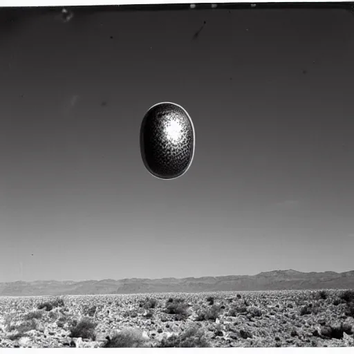 Prompt: A crashed flying saucer in the desert. alien bodies. 1940s photograph.