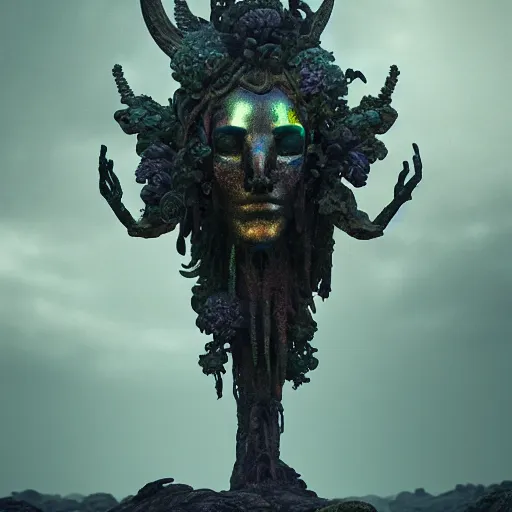 Image similar to ancient dead god being in desolate and lush landscape, moody, iridescent, opalescent :: by James Jean, Jeff Koons, Dan McPharlin Daniel Merrian :: ornate, dynamic, particulate, rich colors, intricate, elegant, highly detailed, centered, artstation, smooth, sharp focus, octane render, 3d