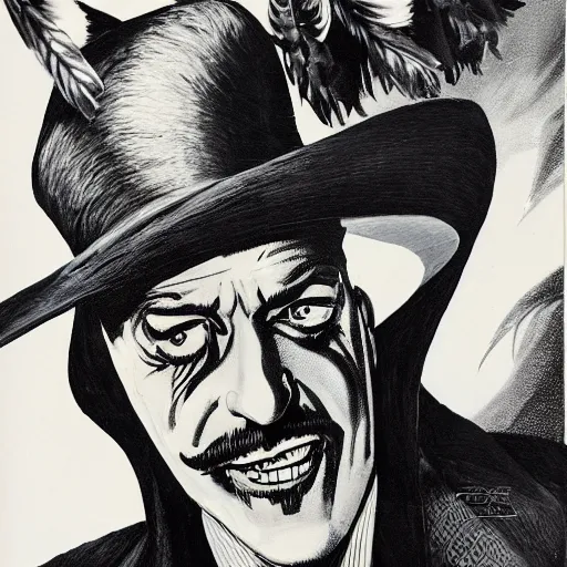 Image similar to vincent price as billionaire howard hughes in long black feathered cloak, black hands tipped with black claws, feathers growing out of skin, at opulent desk, comic book cover, vivid, mike mignogna, illustration, highly detailed, rough paper, dark, oil painting