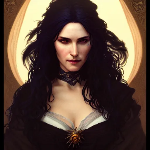 Image similar to portrait of Yennefer from the Witcher, D&D, fantasy, intricate, elegant, highly detailed, digital painting, artstation, concept art, matte, sharp focus, illustration, art by Artgerm and Greg Rutkowski and Alphonse Mucha