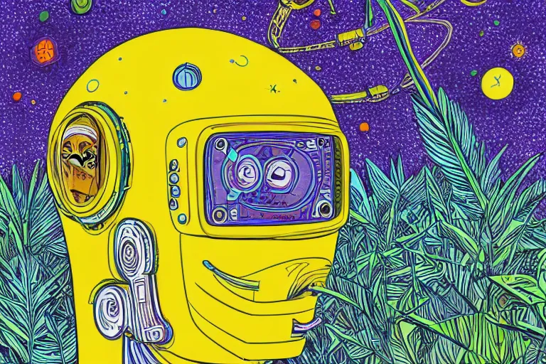 Image similar to gigantic robot - girl head floating in the space, a lot of exotic plants, trees, flowers, oldschool vintage sci - fi flat surreal grainy design, super - detailed, drawing by howard arkley, hd, 4 k, high quality