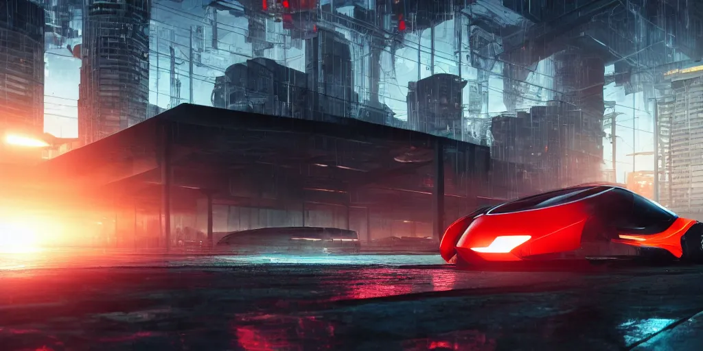 Image similar to futuristic electro car, smooth concrete brutalistic buildings on the background, puddles of water, stunning volumetric lighting, sunset, trending on Artstation, 8k, photorealistic, hyper detailed, unreal engine 5, cinematic, epic lighting, cryengine, octane render, cyberpunk, red and orange glow, dark, gloomy