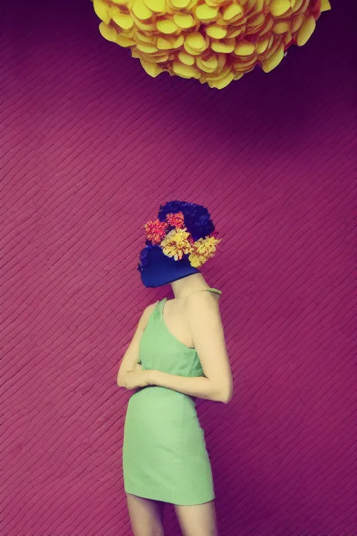 Image similar to giant flower head, frontal, girl standing in mid century hotel, surreal, symmetry, bright colors, cinematic, wes anderson