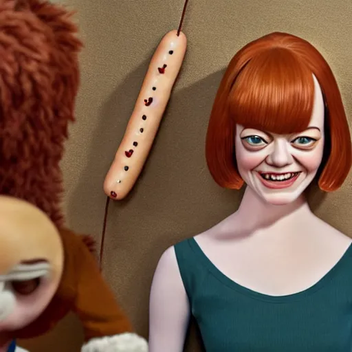 Image similar to hyperrealistic emma stone caricature surrounded by long fat frankfurter sausages by bob byerley and aardman animation, mascot, target reticles