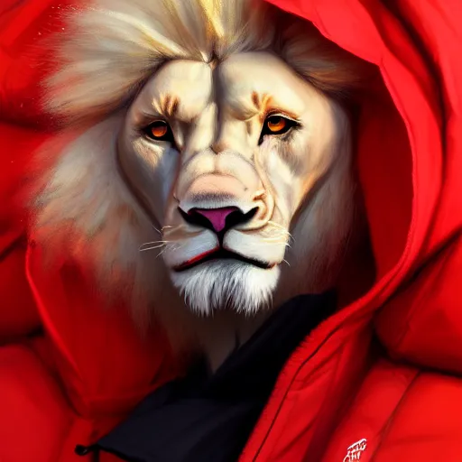 Image similar to commission portrait of a male anthro albino lion wearing a red-black puffer jacket.dramatic,character design by charles bowater,greg rutkowski,ross tran,hyperdetailed,hyperrealistic,4k,deviantart,artstation,professional photography,concept art