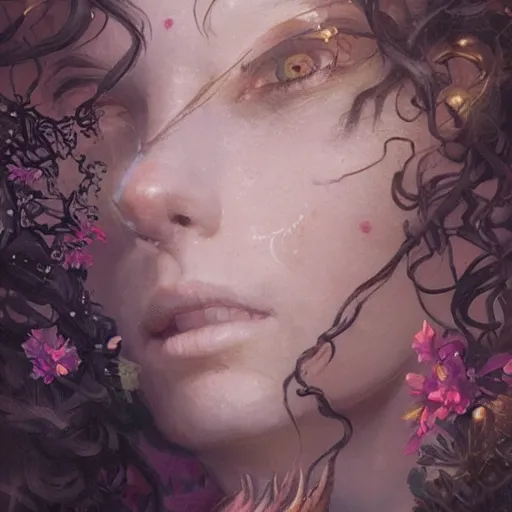 Image similar to portrait of beautiful woman with short curly brown hair, tattoo of unicorn and mermaid, intricate, flowers, mythical, oil painting, Tooth Wu, Greg Rutkowski, RPG, dynamic lighting, fantasy art, High contrast, depth of field
