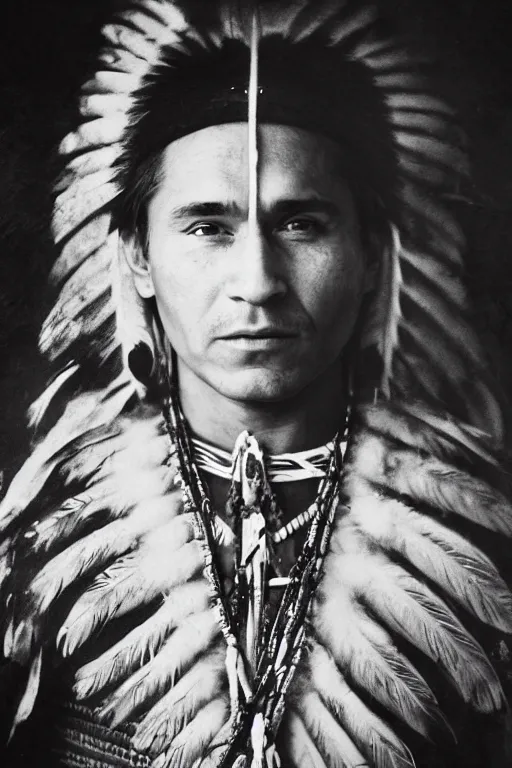 Image similar to Photo of Native American indian man Vladimir Putin, portrait, skilled warrior of the Apache, ancient, realistic, detailed, Emma Watson