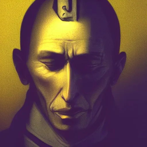 Prompt: Close up of a thin and stern catholic priest in his thirties fervently praying as he is about to die from the ominous yellow shadow descending upon him from the night sky. Low angle, dramatic lighting. Award-winning digital art, trending on ArtStation