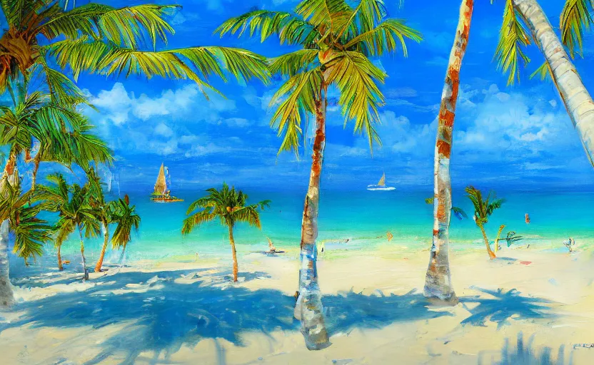 Image similar to A beautiful award winning painting of a tropical beach with palm trees and blue ocean, trending on artstation