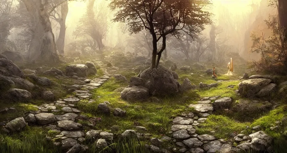 Image similar to Beautiful uplifting glade bg. Elven stone monuments along the pristine well-maintained pathway. Mysterious stone monuments. J.R.R. Tolkien's Middle-Earth. Trending on Artstation. Digital illustration. Artwork by Darek Zabrocki and Sylvain Sarrailh. Concept art, Concept Design, Illustration, Marketing Illustration, 3ds Max, Blender, Keyshot, Unreal Engine, ZBrush, 3DCoat, World Machine, SpeedTree, 3D Modelling, Digital Painting, Matte Painting, Character Design, Environment Design, Game Design, After Effects, Maya, Photoshop.