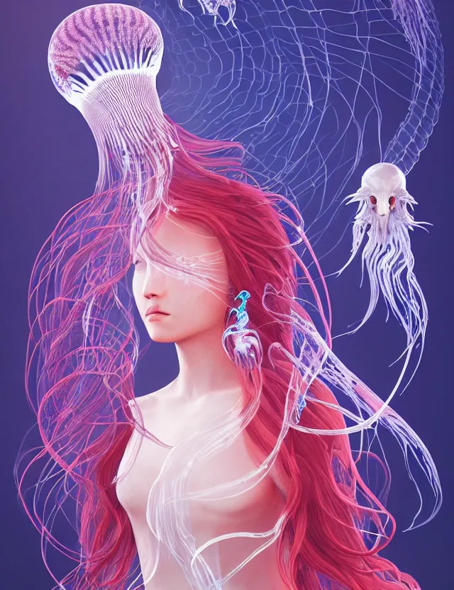 Image similar to 3 d goddess jellyfish half - turn portrait with long hair with ram skull. beautiful intricately detailed japanese crow kitsune mask and clasical japanese kimono. betta fish, jellyfish phoenix, bio luminescent, plasma, ice, water, wind, creature, artwork by tooth wu and wlop and beeple and greg rutkowski