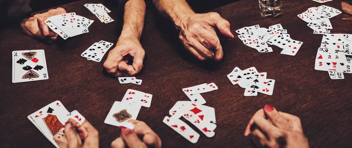 Prompt: a high quality color extreme creepy atmospheric wide dutch angle hd 4 k film 3 5 mm photograph of closeup of hands of caucasian men playing cards, smoking cigarettes with full ashtray on a table