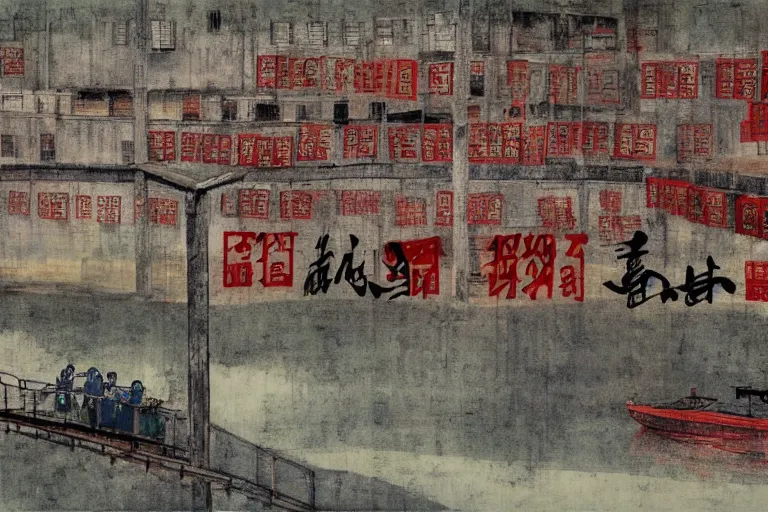 Image similar to a chinese prison near a river by peter doig, overlaid with chinese adverts