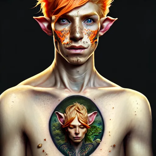 Image similar to portrait painting of an elven young man with short light orange hair and freckles and tree tattoos on his cheekbones light armor, ultra realistic, concept art, intricate details, eerie, highly detailed, photorealistic, octane render, 8 k, unreal engine. art by artgerm and greg rutkowski and charlie bowater and magali villeneuve and alphonse mucha