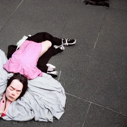 Prompt: Bjork asleep on the ground outside a hotel in New York City