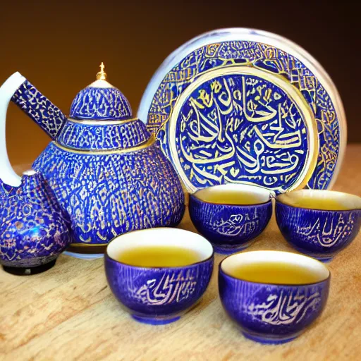 Prompt: Arabic calligraphy, Moroccan tea set, product design by pollock