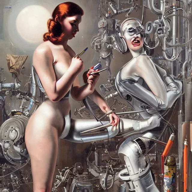 Image similar to cyborg artist painting a self - portrait on a canvas. intricate, highly detailed, digital matte painting in the style of gil elvgren and in the style of h. r. giger. irony, recursion, inspiration.