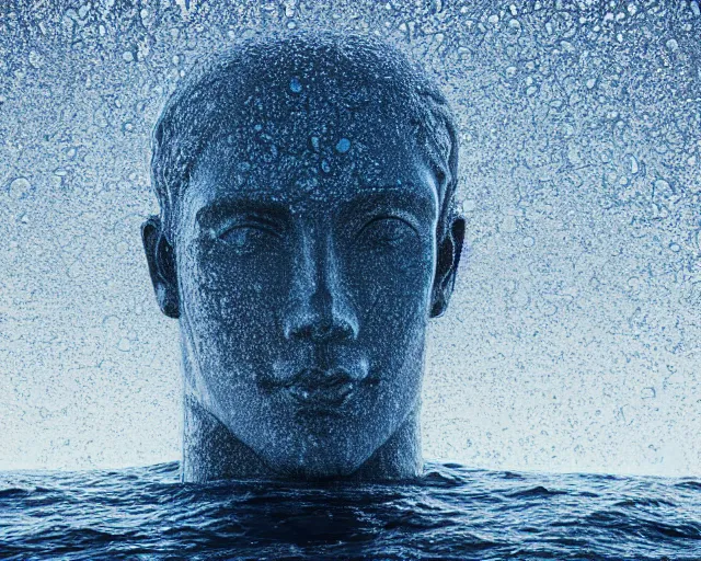 Prompt: a giant sculpture of an abstract human head on the surface of the ocean, award winning, hyper - realistic, very detailed, realistic water, ray tracing, 8 k resolution, long - shot, sharp focus, low angle, 8 5 mm photograph, wide lens