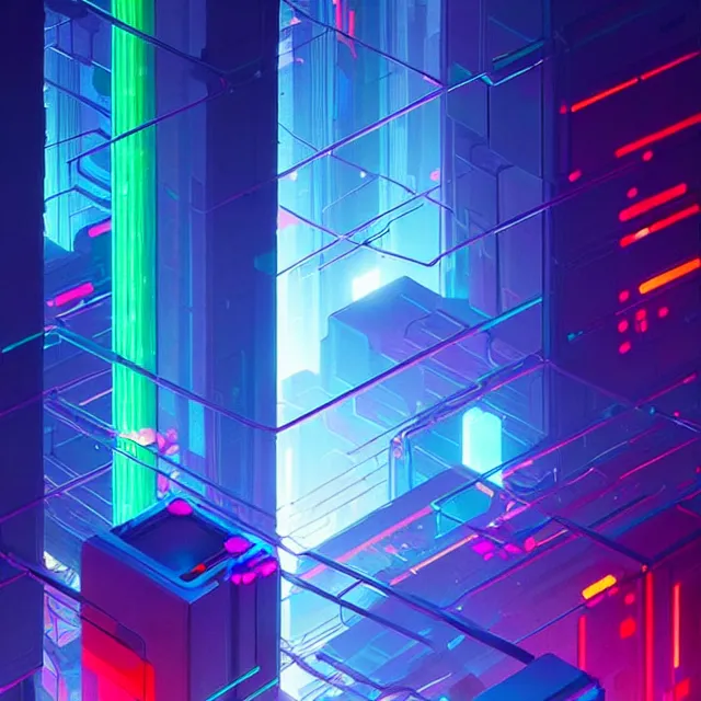 Image similar to a cyberpunk colorful cubes interconnected with glowing tubes, giant tubes connecting separate blocks, blockchain, symmetry, intricate, volumetric lighting, beautiful, rich deep colors masterpiece, sharp focus, ultra detailed, in the style of john harris