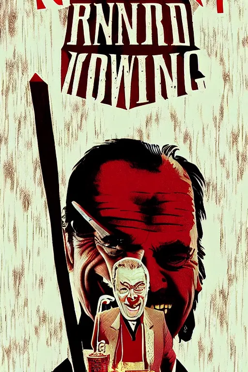 Image similar to a movie poster for the film the shining designed by reynold brown featuring a prominent portrait of jack nicholson and a stylised fireaxe in the style of wes anderson.