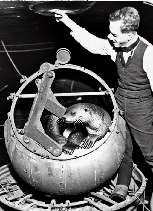 Prompt: an otter repairing a bathysphere, vintage photograph