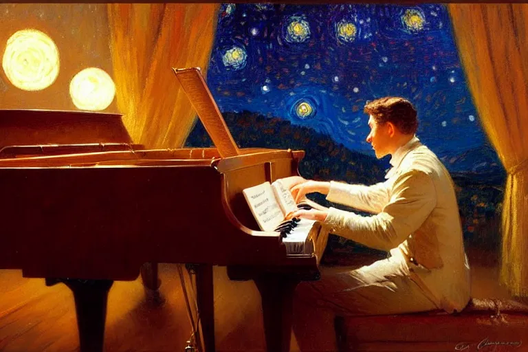 Image similar to attractive male playing piano, starry night, painting by gaston bussiere, craig mullins, j. c. leyendecker