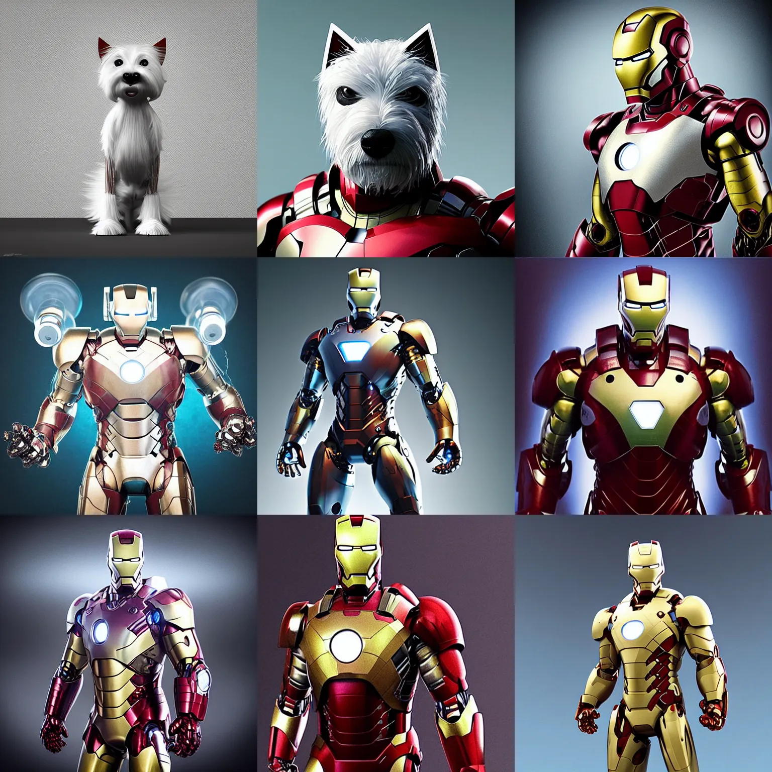 Prompt: “a strong, and muscular anthropomorphic west-highland-white-terrier iron man, UHD, hyperrealistic render, 4k, cyberpunk”