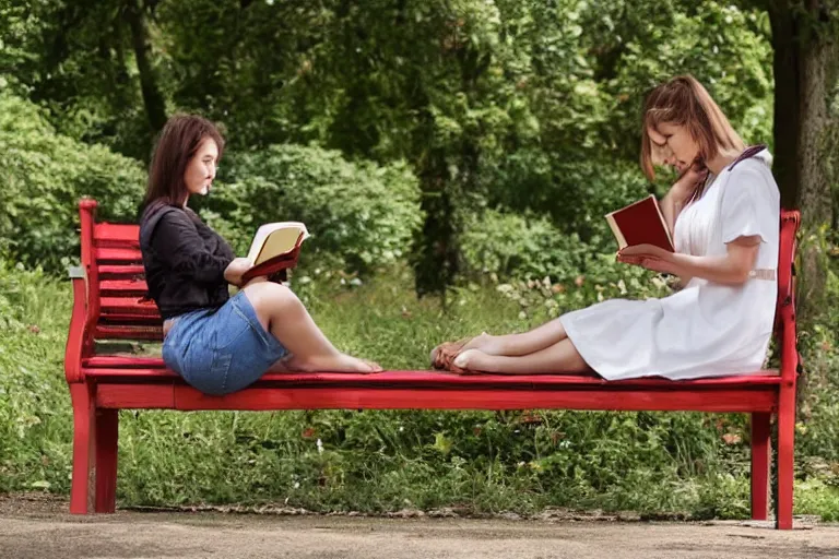 Image similar to Flim still of a woman reading a book, sitting on a bench, long shot, wide shot, full shot