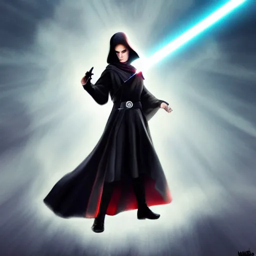 Image similar to emma watson as a sith lord with a cloak and a lightsaber, trending on art station, by the best artists